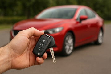 The concept of selling the purchase of leasing or renting a new car. Close-up of a car key in the hand of a man against the background of a red car on the street