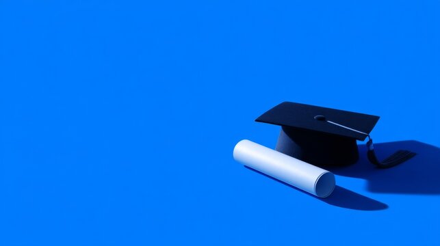 A black graduation cap rests on a vibrant blue background. Next to it is a rolled diploma. This image beautifully captures achievement and celebration in education. Ideal for academic themes. AI