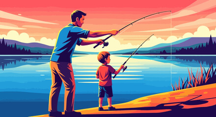 A heartwarming illustration of a father teaching his son to fish by a tranquil lake at sunset, a beautiful bonding moment.