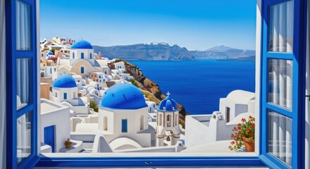 Scenic View of White Buildings with Blue Domes on Cliffside in Santorini Greece