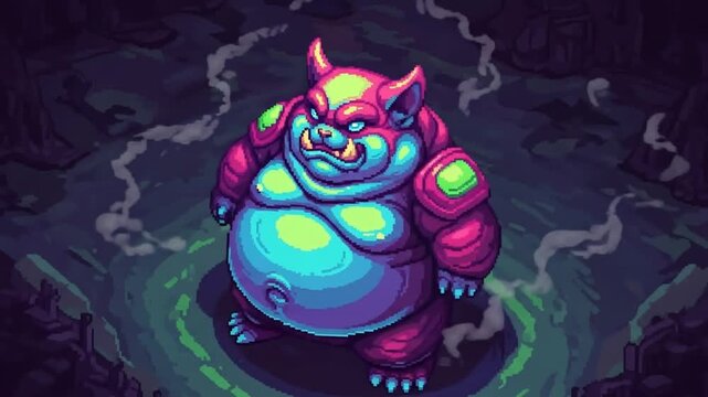 Neon pixel art chubby demon game character sprite sheet with glowing aura.