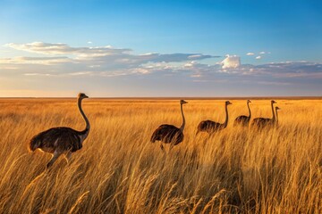 A group of ostriches grazing in tall golden grass under a wide blue sky,