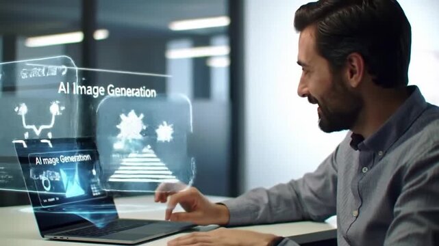 Man using generative AI platform to create images and text content with prompt input on futuristic interface (4)