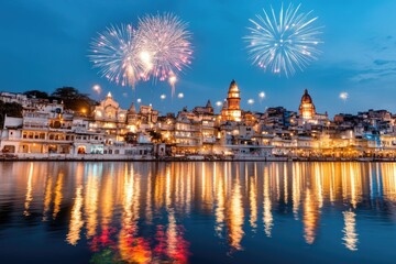 Festive fireworks illuminate night sky over scenic cityscape reflecting on water
