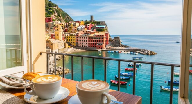 Cozy Balcony Cafe with Coffee Cups Overlooking Colorful Coastal Village