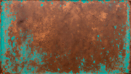 Texture of aged copper metal with a vibrant green verdigris patina. Rough surface with scratches and rich brown undertones for a rustic background