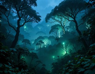 Obraz premium Enchanting glowing forest at night with mystical atmosphere