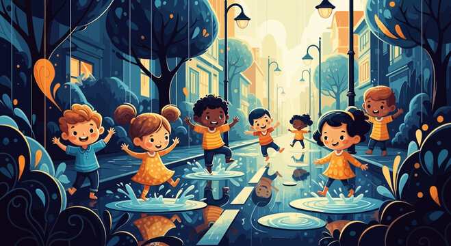 A joyful group of diverse cartoon children happily jumping and splashing in puddles on a rainy city street.