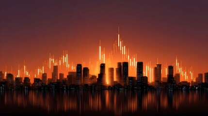 Obraz premium Dramatic cityscape with modern skyscrapers and high-rise buildings reflecting in the calm water, illuminated by a vibrant orange and yellow sunset over the metropolitan skyline