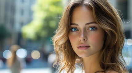 Urban beauty portrait, young woman, city street background. Use stock photo