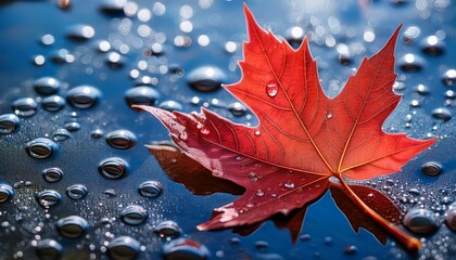 A Vibrant Red Maple Leaf Glistening With Water Droplets Rests On A Textured Wet Surface With Swirling Bubbles Evoking A Serene Autumn Mood © Lucinda