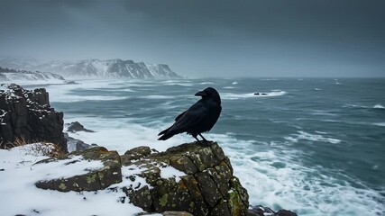 Majestic Raven Perched on Snowy Cliff Overlooking Stormy Ocean Waves - Powered by Adobe