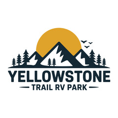 Yellowstone trail rv park logo majestic mountains sunrise and trees scenic nature adventure