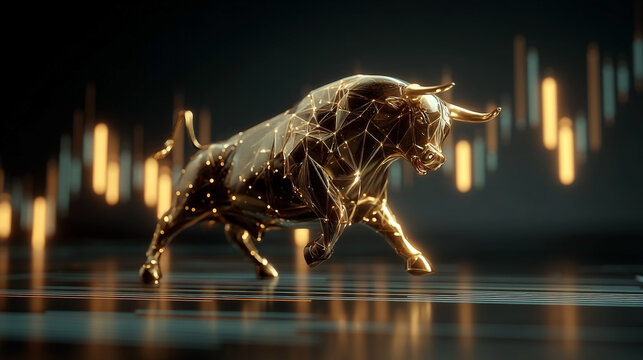 Golden bull market symbolization with graphical line background representation