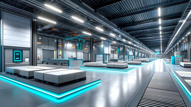 Futuristische Lagerhallen mit automatisierten Regalen, F&ouml;rderb&auml;ndern und Drohnentechnologie. Szenen moderner Logistik, Smart Warehouses, Supply Chain und Industrie 4.0 f&uuml;r Transport und E-Commerce.