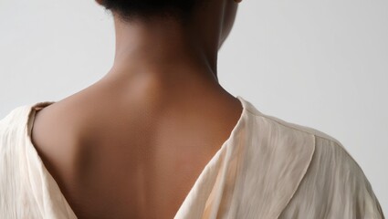 Natural Back Portrait in Flowing Linen Tunic Empowering Image for National No Bra Day