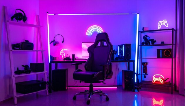 Neon-lit gaming room with dual monitors, central chair, and LED wall art—vibrant colors and tech decor evoke immersion, creativity, and symbolic energy in streaming and digital play.