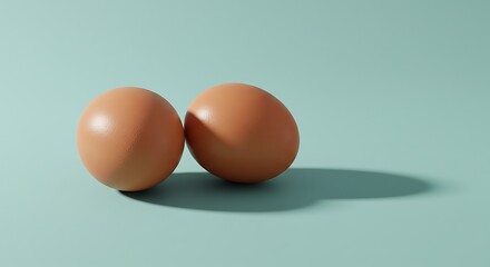 Two brown eggs casting shadows on a pastel blue background