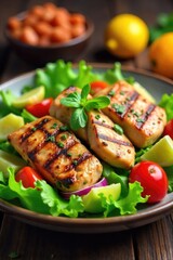 Grilled vegetables and chicken atop a bed of mixed greens, creating a vibrant summer salad perfect for a barbecue , summer food, vitamins, protein