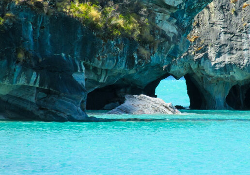 Capillas de Marmol island in Puerto Rio Tranquilo, Carretera Austral tourist attraction excursions on boat. Beautiful pure blue water lake in Chilean Patagonia in the Andes. Turquoise water lake Chile