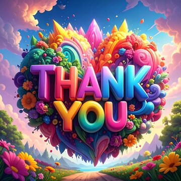 A vibrant, colorful heart-shaped graphic design expressing gratitude with the words "Thank You" in a three-dimensional, stylized font, surrounded by flowers, swirls, and crystals.