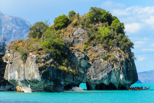 Capillas de Marmol island in Puerto Rio Tranquilo, Carretera Austral tourist attraction excursions on boat. Beautiful pure blue water lake in Chilean Patagonia in the Andes. Turquoise water lake Chile