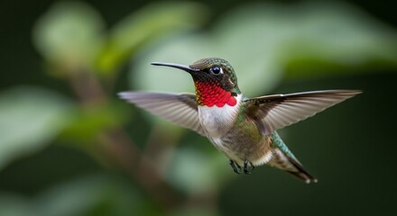 Vibrant Male Ruby-throated Hummingbird in Dynamic Hovering Flight Against a Soft Green Botanical Backdrop