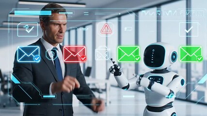 AI chatbot email assistant on laptop, automation danger warning, communication risks, system error alerts in intelligent message management inbox, cybersecurity threat, scam email, spam detection