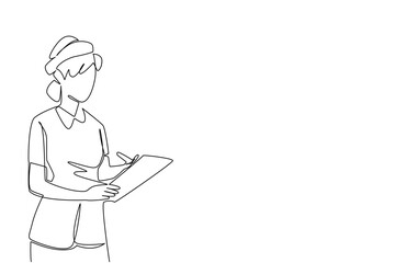 Single continuous line drawing young female nurse with nurse cap holding clipboard and writing on clipboard. Record information from patients. National Nurses Day. One line design vector illustration