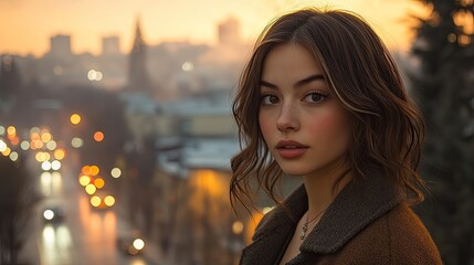 Urban sunset portrait of young woman overlooking city lights