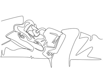Single continuous line drawing woman sleeping on bed using a blanket while wearing CPAP mask. Avoiding breathing disorders during sleep. Sleep Apnea Awareness Day. One line design vector illustration