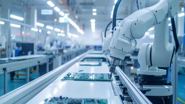 Automated assembly line: Robotic arms precisely crafting circuit boards in a modern factory