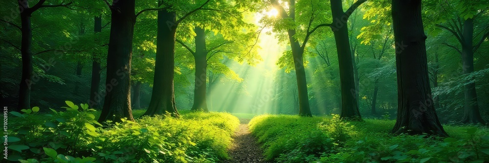Poster lush green forest canopy, sunlight filtering through leaves, creating dappled shadows on the forest 