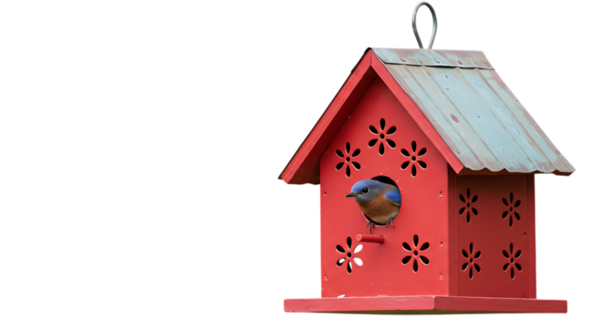 Quirky handmade bird house red birdhouse with bluebird peeking out isolated on transparent background - Powered by Adobe