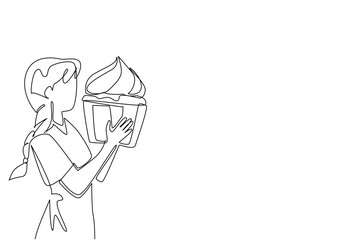 Continuous one line drawing a woman eating a large cupcake. The lover of sweet food with jumbo portions. Relieve stress by eating. National No Diet Day. Single line draw design vector illustration
