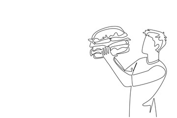 Continuous one line drawing a man eating a large burger. Very fond of eating fast food in large portions. Being full is a priority. National No Diet Day. Single line draw design vector illustration