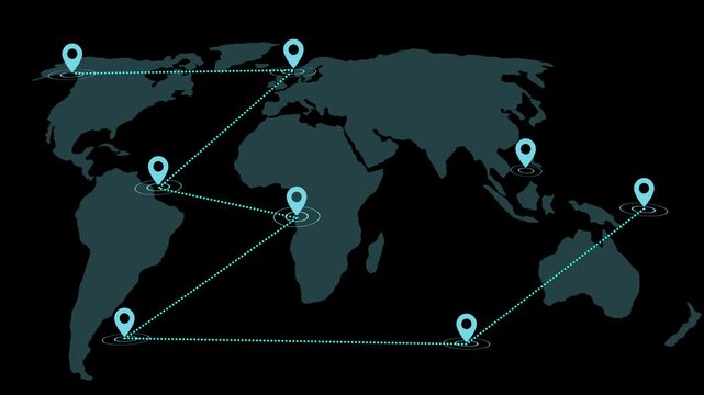 GPS map navigation system animation. route destination 3d aerial view map destination moving location path. with a black background world map and location pins global navigation