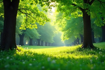 Obraz premium Lush green leaves and vibrant foliage fill a tranquil park scene, sunlight dappling through the canopy Perfect for nature, spring, summer, and environmental themes , bushes, natural, twigs