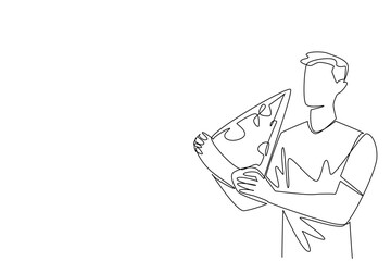 Continuous one line drawing a man eats a large slice of pizza. Without thinking about health. Always eat in large portions. Greedy. National No Diet Day. Single line draw design vector illustration