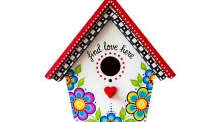 Quirky handmade bird house colorful birdhouse with flowers and text isolated on transparent background