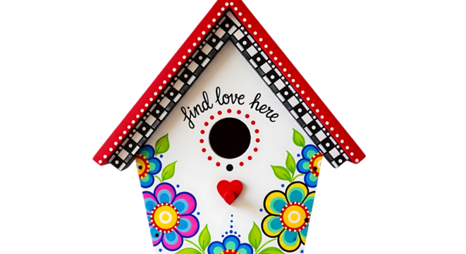Quirky handmade bird house colorful birdhouse with flowers and text isolated on transparent background