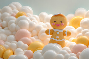 gingerbread man comes to life in augmented reality frolicking in virtual garden among fluffy clouds