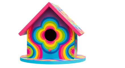 Quirky handmade bird house colorful, psychedelic birdhouse isolated on transparent background