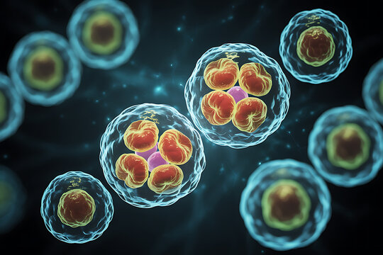 Microscopic 3d rendering showing the stages of mitosis with detailed cell structures for scientific research and biology education