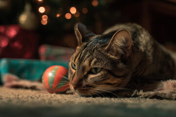 playful cat interacts joyfully with colorful christmas ornament under beautifully decorated tree