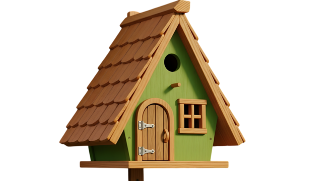 Quirky handmade bird house simple wooden birdhouse with green walls isolated on transparent background