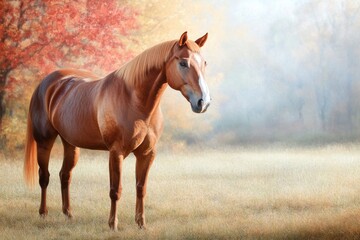 Fototapeta premium Majestic horse in autumn field with vibrant foliage