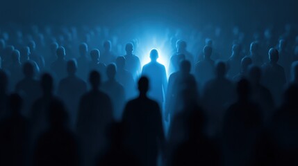 One Person Glowing Brightly Amidst a Crowd of Silhouettes in the Dark Blue Light Abstract Concept Image