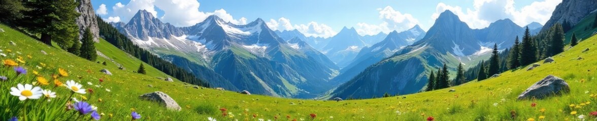 Obraz premium Serene alpine meadow nestled high in the mountains, wildflowers blooming amidst towering peaks and clear blue sky Lush green grass, dramatic rocky landscape , peaceful, scenery