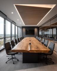 Contemporary conference room showcasing bespoke wooden table and panoramic city view